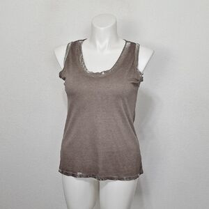 Marisima Brown Shimmer Wool Blend Scoop Neck Boho Old Money Tank Top One Size